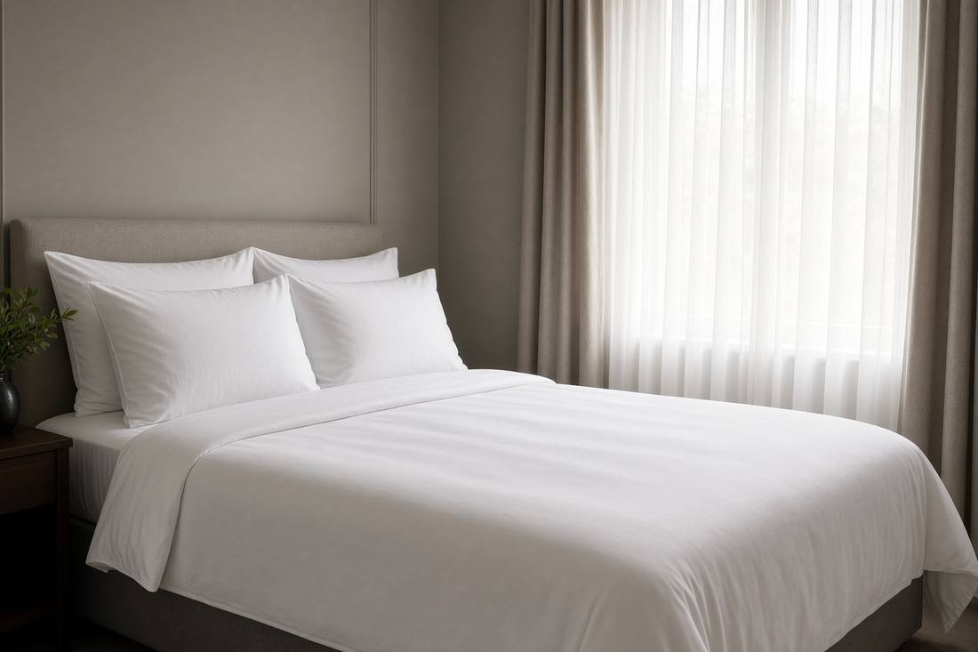 A hotel bed made with white sheets, a duvet, and pillows.