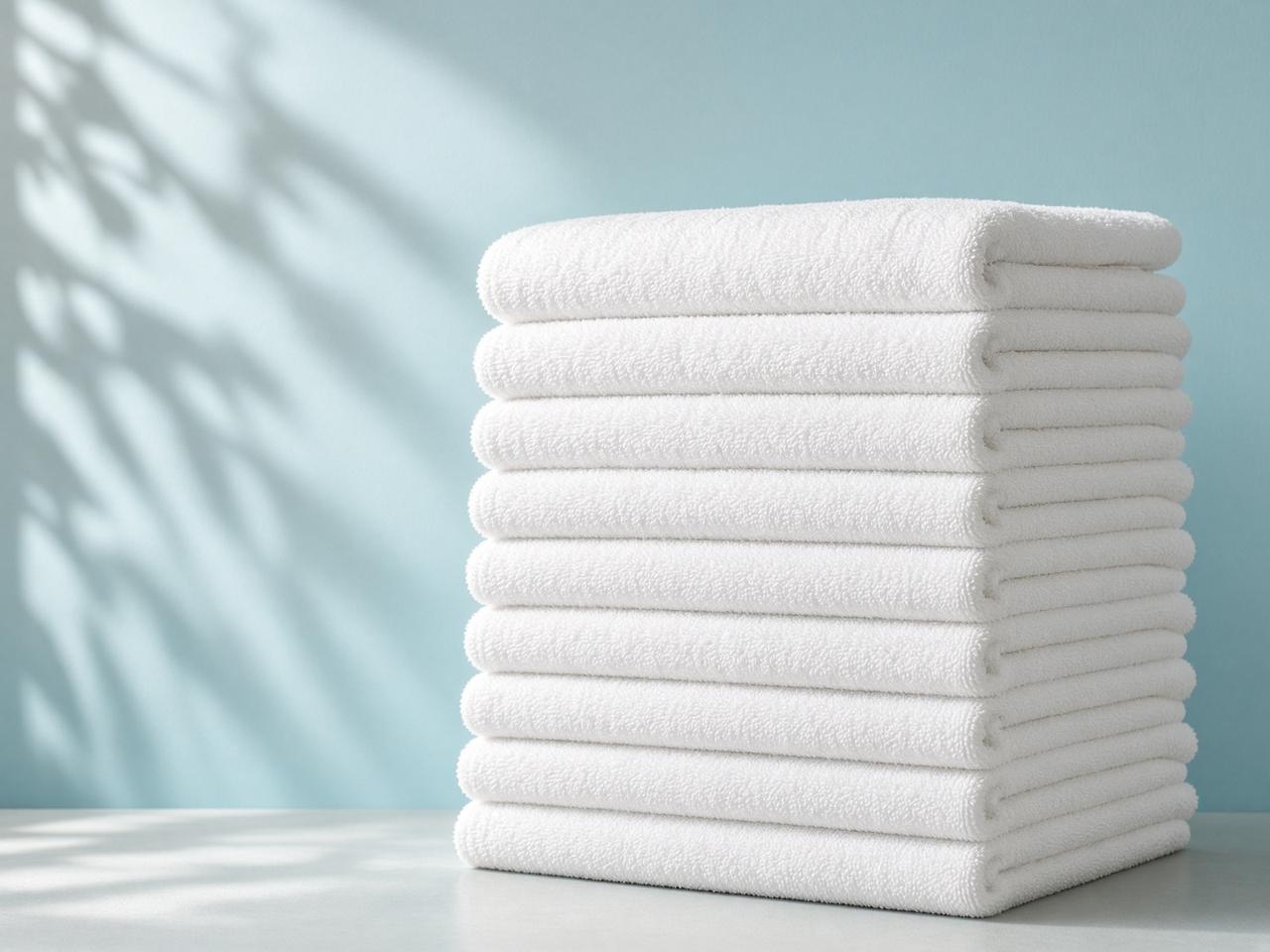 A tall stack of folded white bath towels.